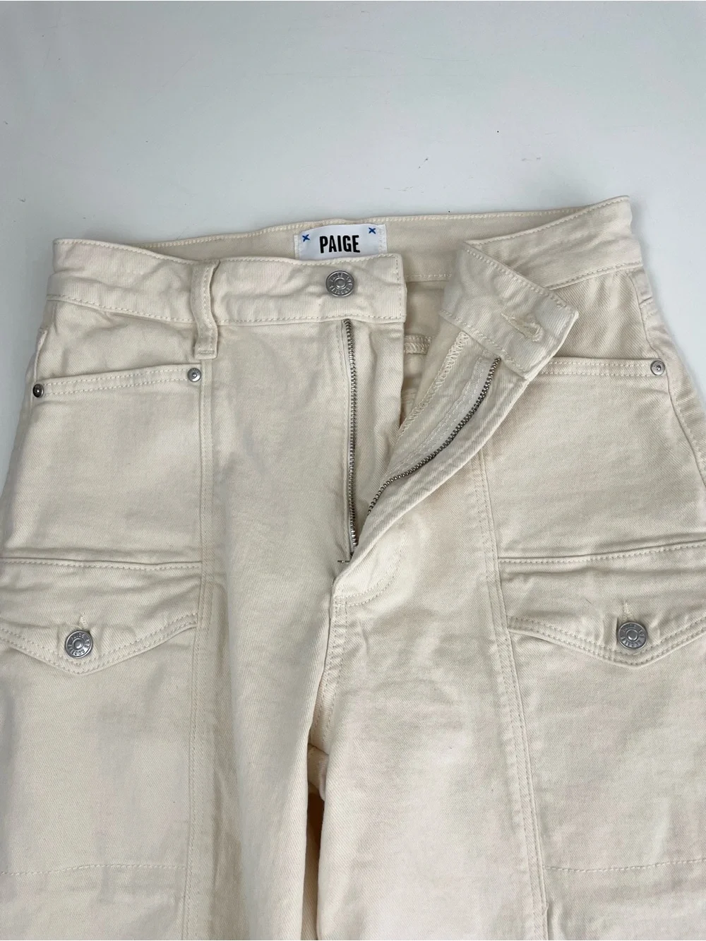 Paige ALEXIS High Waist Ankle Barrel Cargo Jeans Blonde Sand Sz 28